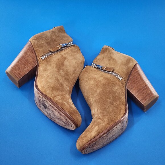 RAG & BONE Margot Tan Suede High Block Heel Ankle Bootie Double Zip - Picture 6 of 10